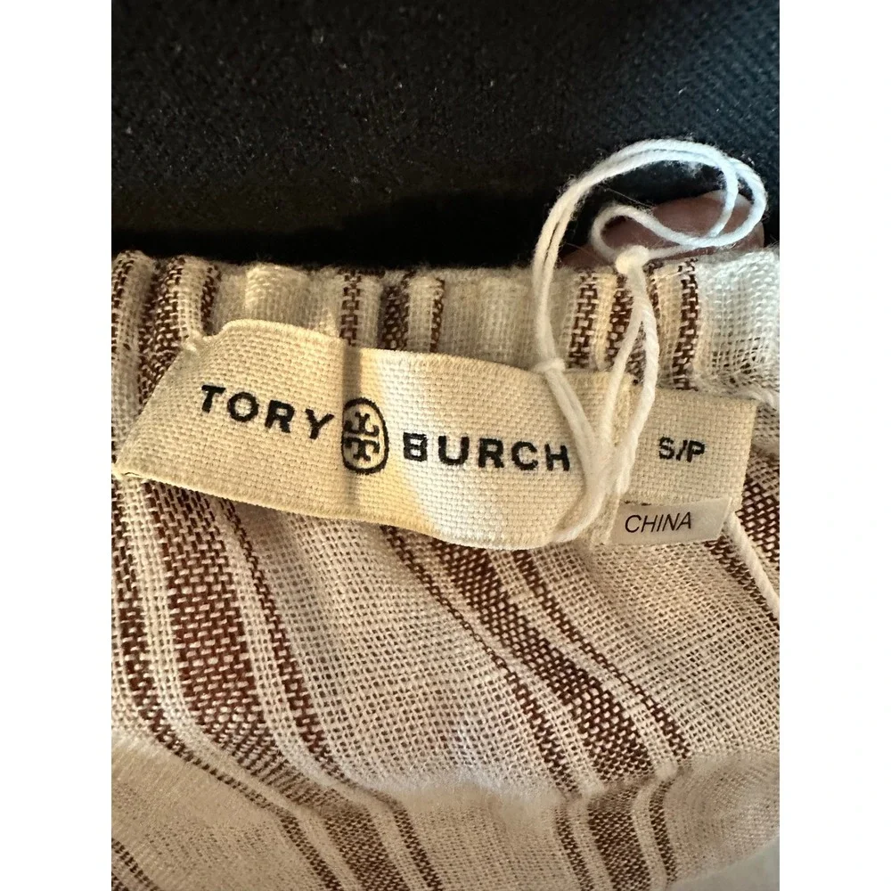 Tory Burch Striped Linen Maxi Dress Brown Cream Tassel Tie Straps 87512 Small